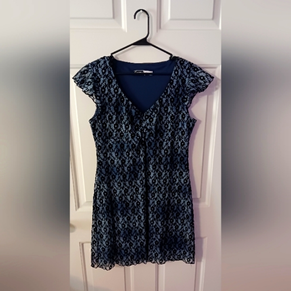 Vintage Midnight Blue/Black Lace/ Goth romance Dress Sz M/L